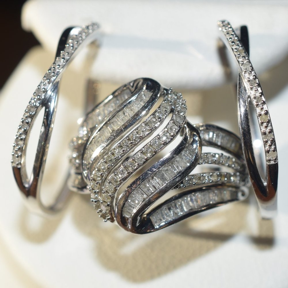 Sterling Silver Genuine Diamond Ring and Earrings. Ring size 7